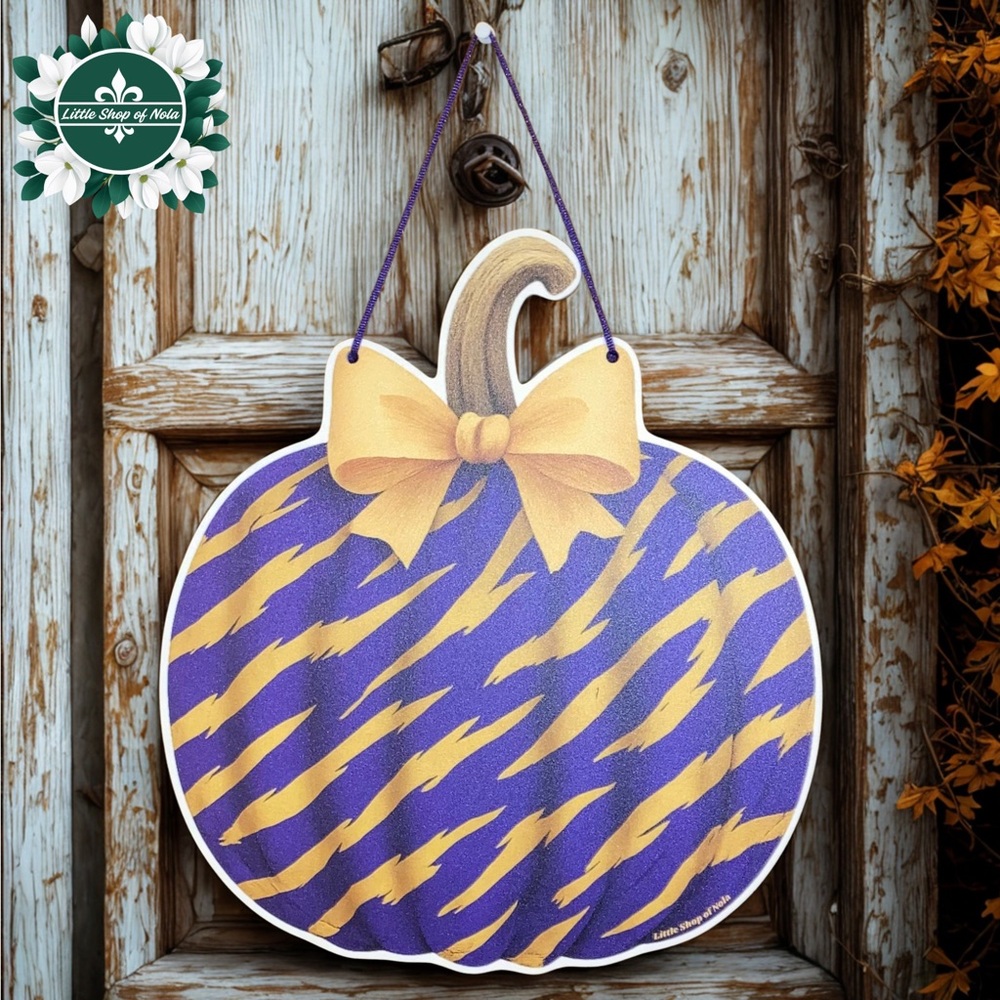 Purple Gold Tiger Stripes Bow Pumpkin Louisiana Halloween Decor Fall Door Hanger